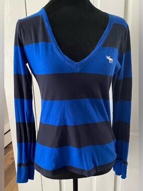 Women’s Abercrombie & Fitch Blue Striped V Neck  Fitted Long Sleeve Size S
